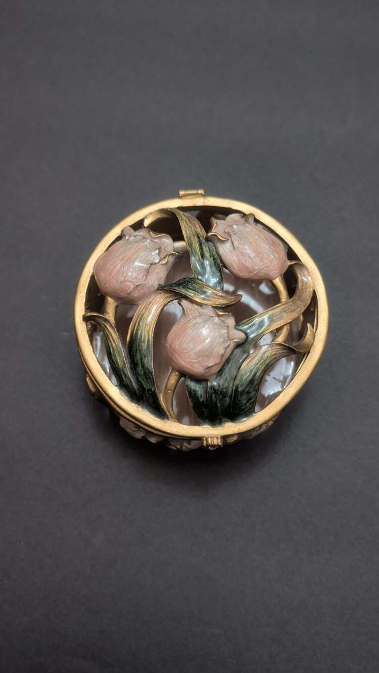 Vintage Gold Tone Filigree Tulip Pill Box Jewelry Box